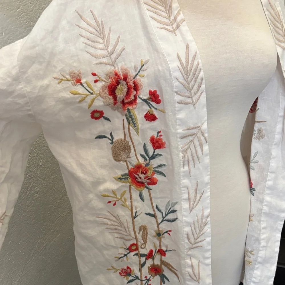 Johnny Was Ceretti Linen Cropped White Kimono with Floral Embroidery Size Medium - Picture 4 of 8